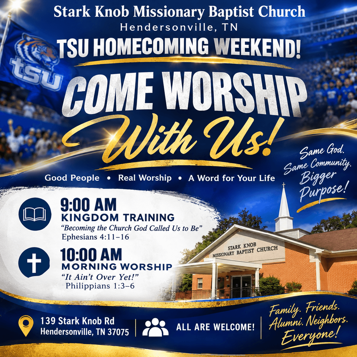Stark Knob Missionary Baptist Church flyer for TSU Homecoming Weekend worship services in Hendersonville.
