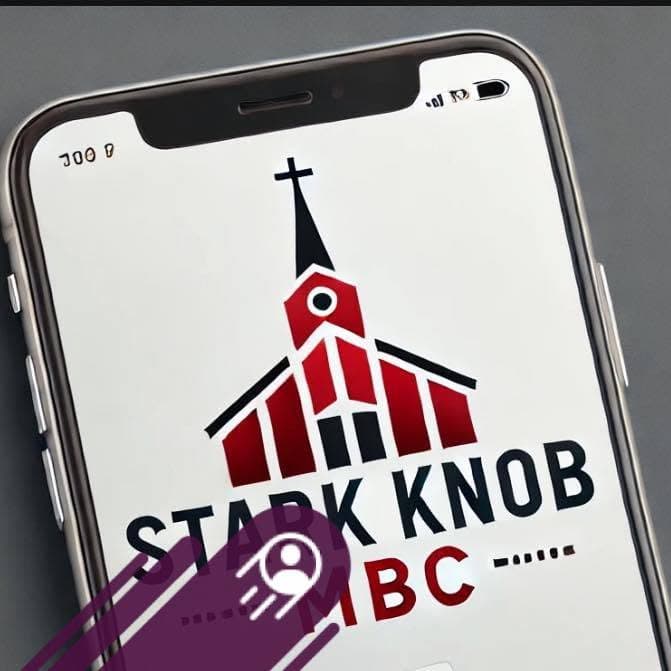 Smartphone screen featuring a red and black church illustration above the text Stark Knob MBC.