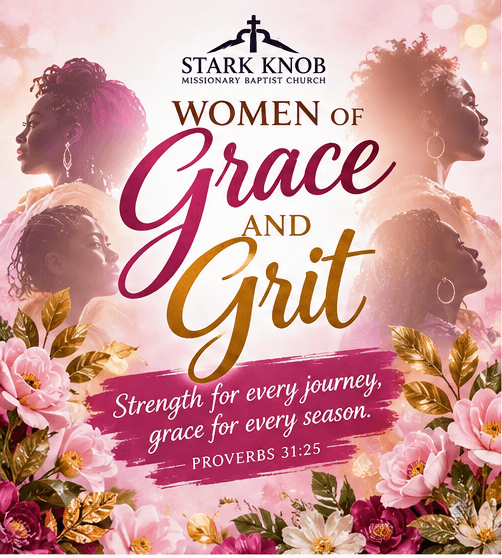 Women of Grace and Grit church poster featuring four Black women and pink floral accents.